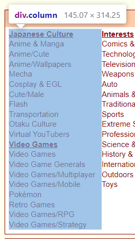 closeup of the 4chan board list through the lens of Inspect Element